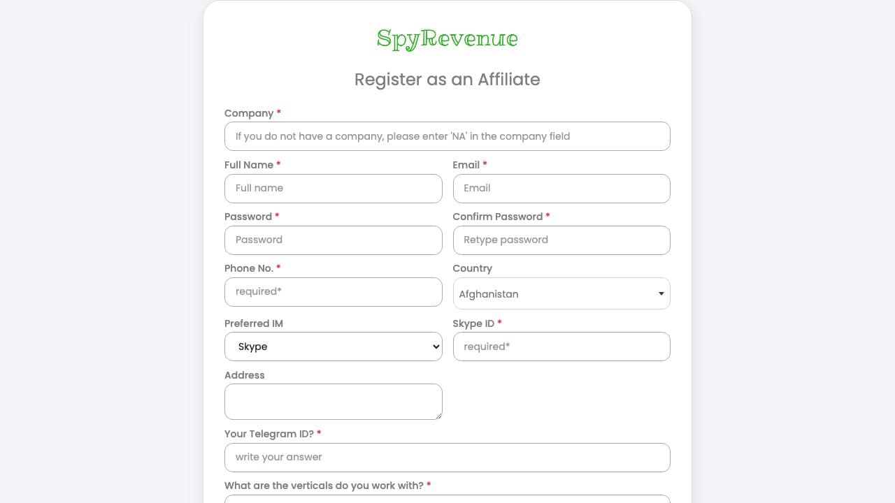 SpyRevenue homepage